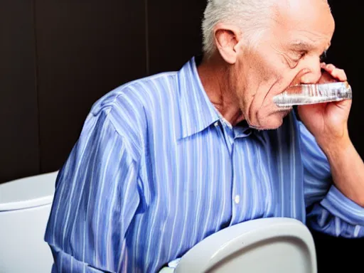 Image similar to an old man suspiciously drinking water from a toilet