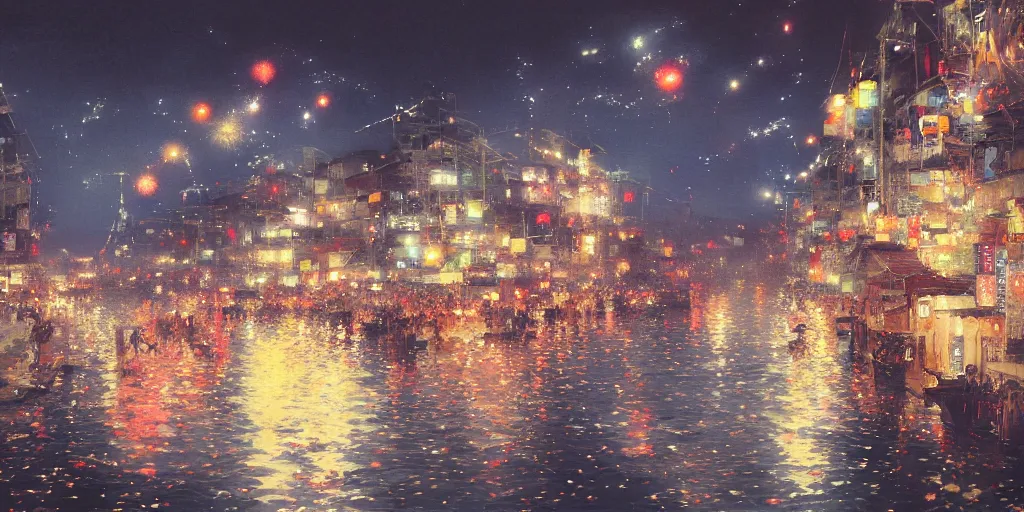 Image similar to anime kyoto animation key by greg rutkowski night, fireworks festival at river bank, kimono