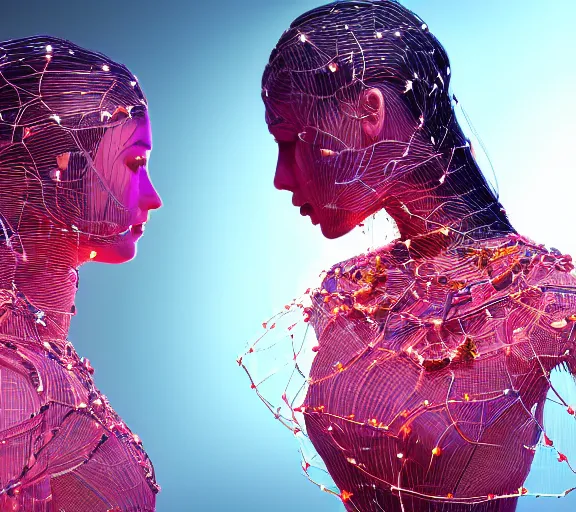 Image similar to a complex 3d render ultra detailed of two tulle wrapped perfect human face female half android queens praying together with wires tangled behind them connected to giant computer,bowknot, fine lace. GUCCI,sculpture,red rose, sparkling, jewel embellishment, cyberpunk 2077, film lighting, anatomical, facial muscles, cable wires, microchip, by Stanely Artgerm, Tom Bagshaw, Andrei Riabovitchev, aaron horkey, trending on pinterest,ZBrush, full of color, luxury, mythological, ultra realistic, high detail,concept art,golden ratio,cinematic lighting H 768