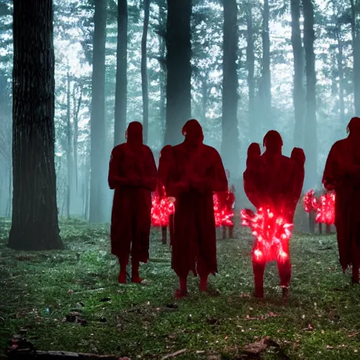 Image similar to a cult of aliens with glowing red eyes performing a séance in a haunted forest