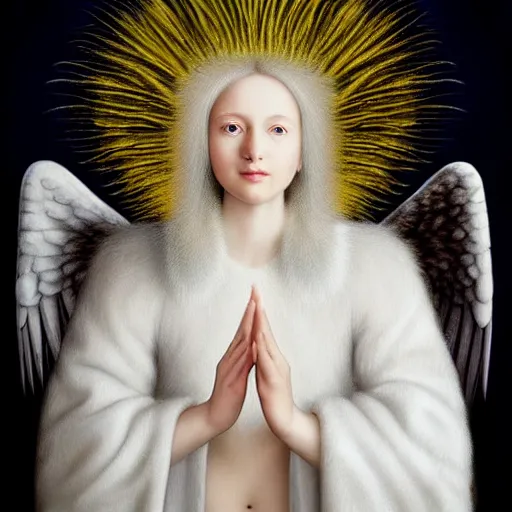 Image similar to highdetailed hyperrealistic painting of white angel!!! no gender!!!, giant ball of miracle light from the chest!!!!!, white sparkles everywhere, 4 k hd fur face!!!, big wings, by jan van eyck, holography space, glow effect, large strokes, white monochrome color!!!!!