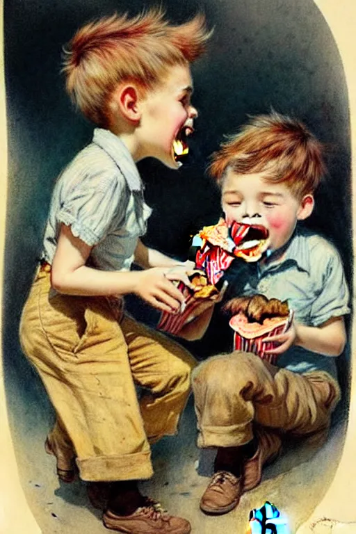 Image similar to (((((1950s kids eating popcorn . muted colors.))))) by Jean-Baptiste Monge !!!!!!!!!!!!!!!!!!!!!!!!!!!