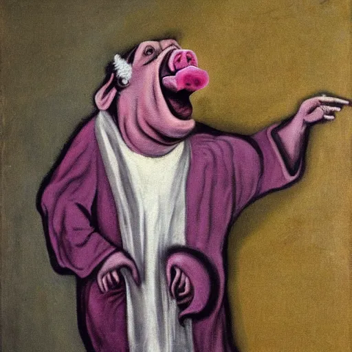 Prompt: a screaming pig wearing a robe painted by francis bacon