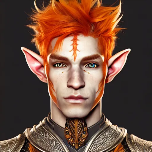 Prompt: portrait painting of an elven male teen with short light orange hair and tribal tattoos on his face wearing fur armor, ultra realistic, concept art, intricate details, eerie, highly detailed, photorealistic, octane render, 8 k, unreal engine. art by artgerm and charlie bowater and magali villeneuve and alphonse mucha