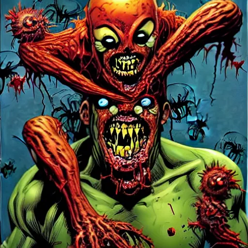 Prompt: a comic book cover of a scary horrifying mutant zombie with worms and spiders coming out of its mouth, in style of marvel comics, highly detailed, oil on canvas,