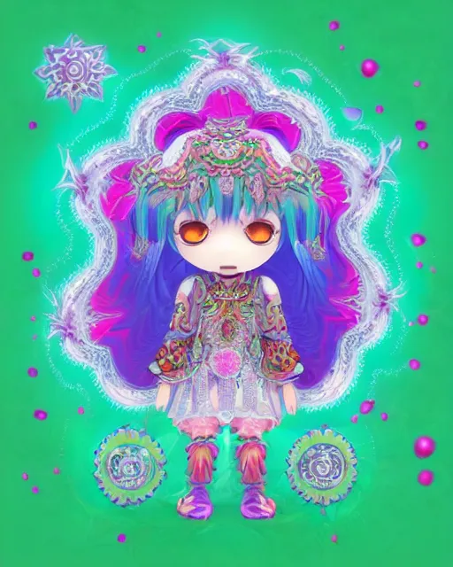 Prompt: fractal mandala funny nendroid nendroid girl very funny joy emoji psy trip ghost color an ancient white bone and emerald gemstone relic, intricate engraving concept art style