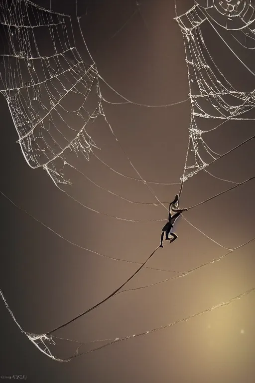 Image similar to Shrunk down human adventurers climbing on a spiders web, dewdrops, macro, dramatic lighting, cinematic, establishing shot, extremely high detail, foto realistic, cinematic lighting, post processed, concept art, high details, cinematic, 8k resolution, beautiful detailed, photorealistic, digital painting, artstation, concept art, smooth, sharp focus, artstation trending, octane render, unreal engine