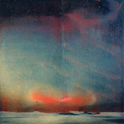 Image similar to the epic abstract painting'blue arctic void with black and red aurora borealis above a tiny inuit village ', by caspar david friedrich!!!, by rothko!!!, stunning masterpiece, trending on artstation