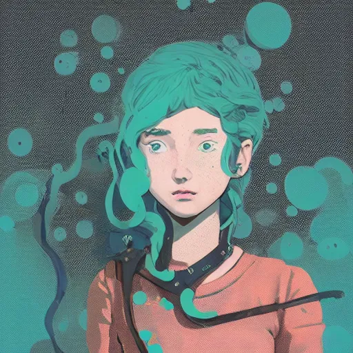 Image similar to Highly detailed portrait of a steampunk young lady with, freckles and wavy hair by Atey Ghailan, by Loish, by Bryan Lee O'Malley, by Cliff Chiang, by Greg Rutkowski, inspired by image comics, inspired by graphic novel cover art, inspired by nier!! Gradient color scheme ((grafitti tag brick wall background)), trending on artstation