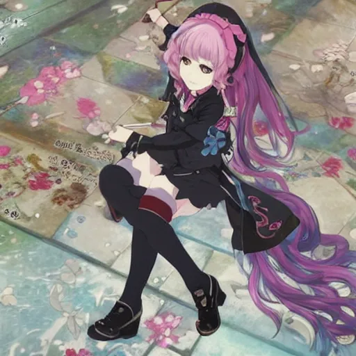 Image similar to junko enoshima, character design by Akihiko Yoshida in the style of Atelier Lulua, KyoAni, Granblue Fantasy, background art by Krenz Cushart in the style of Atelier Firis, Space Dandy, K-ON, illustration by Masamune Shirow in the style of Shining Resonance, Guilty Crown, Last Exile