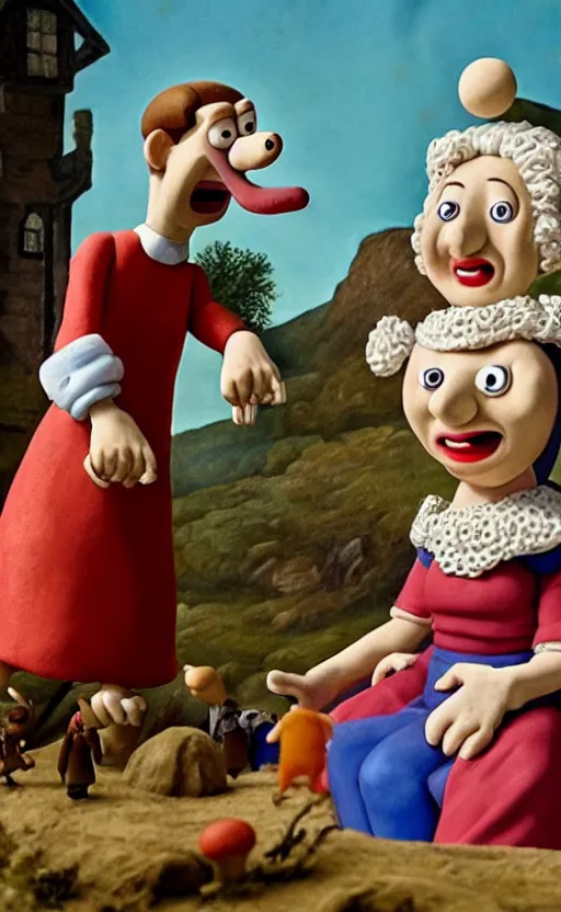 Prompt: god saves the queen, claymation, epic, ( ( renaissance painting ) ), in the style of wallace and gromit