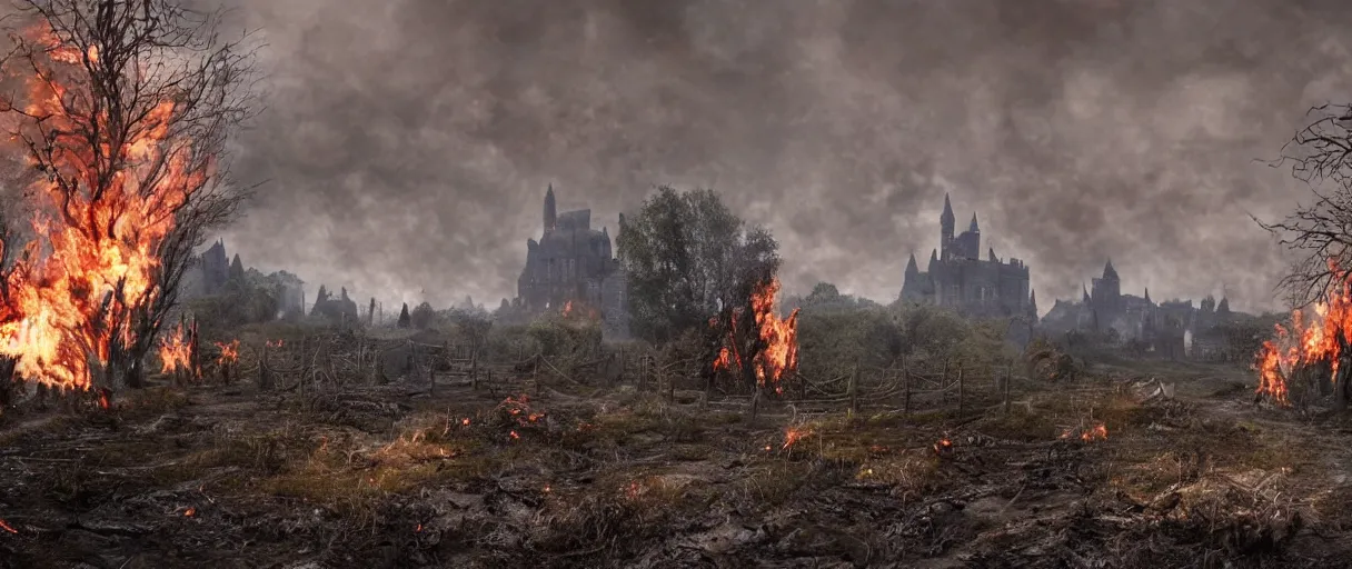 Prompt: burning village in the background, highly detailed fire tendrils, dead bodies scattered in mud, body parts, castle in background, foot path leads to middle ground, broken trees, broken fences, flying mud, debris, smoke, field, wet, dawn, partly cloudy, cold breath, hyper realistic, octane render, hyper detailed, cinematic, medium shot