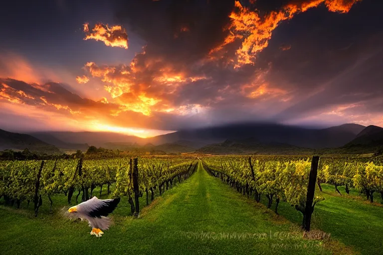 Image similar to amazing landscape photo of vineyard with an eagle in sunset by marc adamus beautiful dramatic lighting