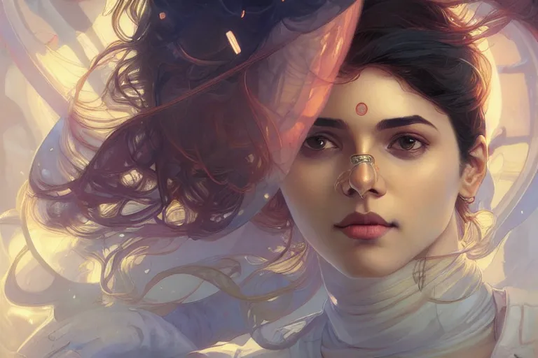 Image similar to Sensual good looking pale young Indian doctors wearing jeans in a space station above Earth, portrait, elegant, intricate, digital painting, artstation, concept art, smooth, sharp focus, illustration, art by artgerm and greg rutkowski and alphonse mucha