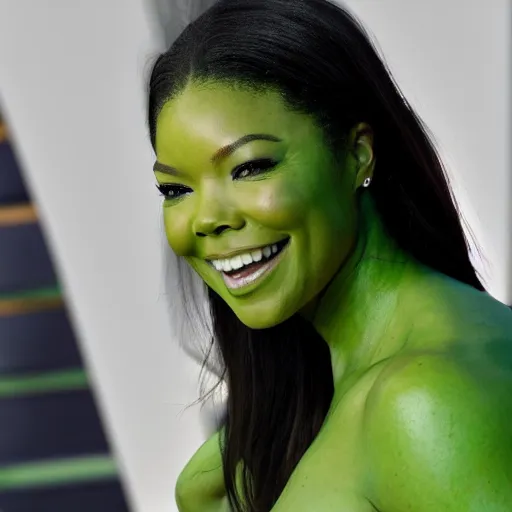 Image similar to Actress Gabrielle Union as Marvel's She-Hulk, green skin