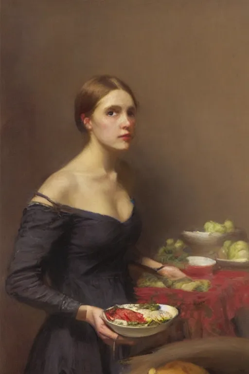 Prompt: Solomon Joseph Solomon and Richard Schmid and Jeremy Lipking victorian genre painting full length portrait painting of a young woman preparing a meal, red background