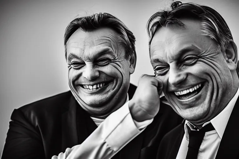 Image similar to viktor orban laughing hard by peter lindbergh