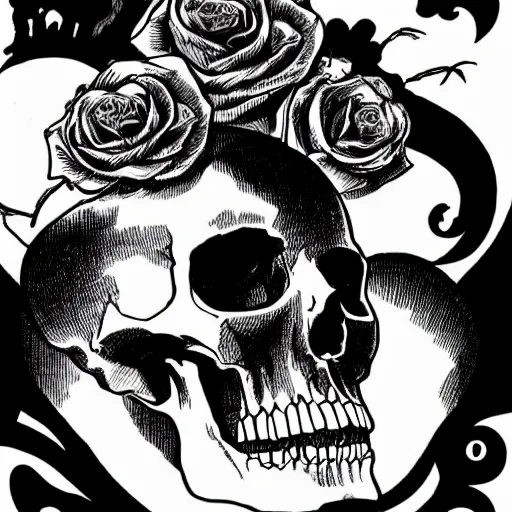Image similar to Roses growing out of a skull. Centered, Dark Fantasy, Film Noir, Black and White. High Contrast, Mike Mignola, D&D, OSR