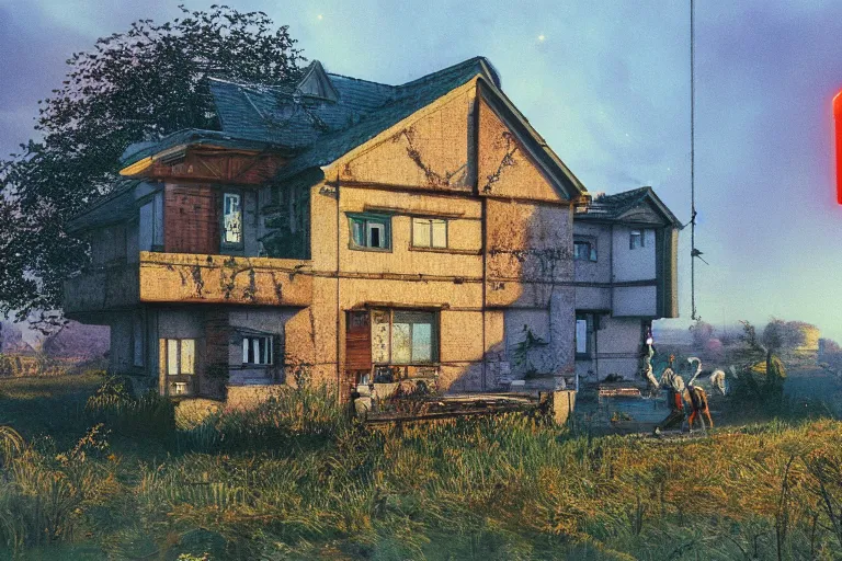 Prompt: cyberpunk, an estate agent listing photo of a 5 bedroom detached house in the countryside, by Paul Lehr, highly detailed, photorealistic, 8k, anamorphic, cinestill cinematrography