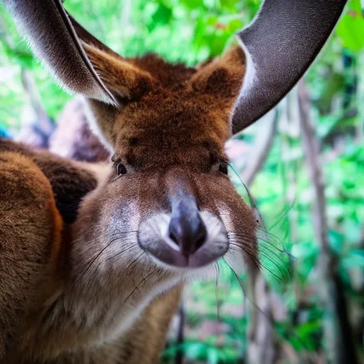 Prompt: a close up photograph of anthropomorphic samurai Kangaroo, Jungle Background, 40mm lens, focused