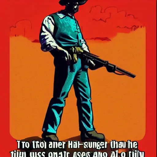 Prompt: To the town of Agua Fria rode a stranger one fine day. Hardly spoke to folks around him didn't have too much to say. No one dared to ask his business no one dared to make a slip. For the stranger there among them had a big iron on his hip. Big iron on his hip.