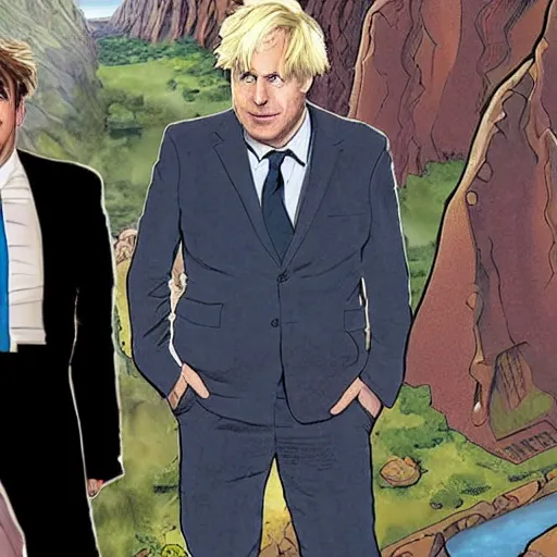 Image similar to A marvel comic of the tenth doctor standing on one side of a canyon, and Boris Johnson standing on the other, daytime