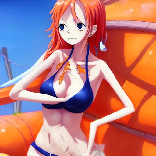 Image similar to anime portrait of Nami from One Piece as an anime girl, cute smile, orange bikini, by Stanley Artgerm Lau, WLOP, Rossdraws, James Jean, Andrei Riabovitchev, Marc Simonetti, and Sakimichan, trending on artstation