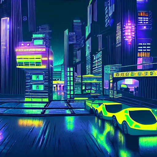Prompt: a city at night. neon lights, futuristic, hyperrealistic, highly detailed, dramatic, cyperpunk
