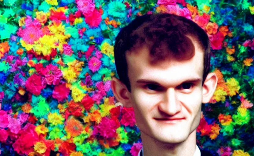 Image similar to a dreamy retro 8 0 s photo of vitalik buterin, bloomy, colorful, awesome, by dave mckean