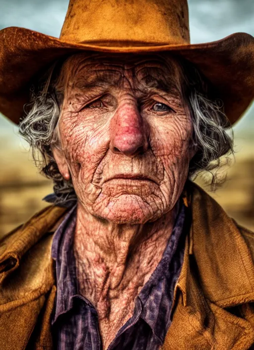 Prompt: closeup portrait of desperate dan (cowboy), old lady, zeiss lens, detailed, symmetrical, centered, fashion photoshoot, by Annie Leibovitz and Steve McCurry, David Lazar, Jimmy Nelsson, Breathtaking, 8k resolution, extremely detailed, beautiful, establishing shot, artistic, hyperrealistic, beautiful face, octane render