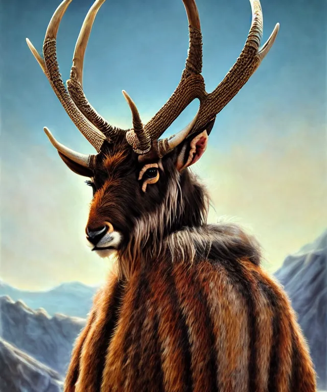 Image similar to a detailed horned antelopewoman stands among the mountains. wearing a ripped mantle, robe. perfect faces, extremely high details, realistic, fantasy art, solo, masterpiece, soft colors and lighting, art by daniel e. greene, johannen voss, zoey frank, vincent desiderio