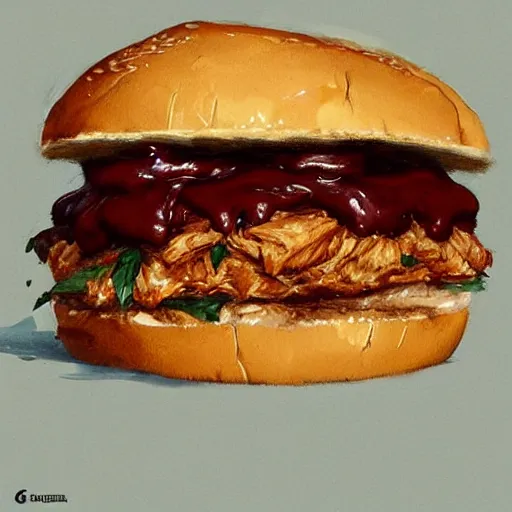 Image similar to a tender chicken sandwich covered in barbecue sauce, Greg Rutkowski