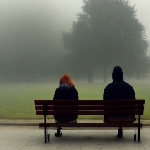 Prompt: a couple sitting on a park bench, fog