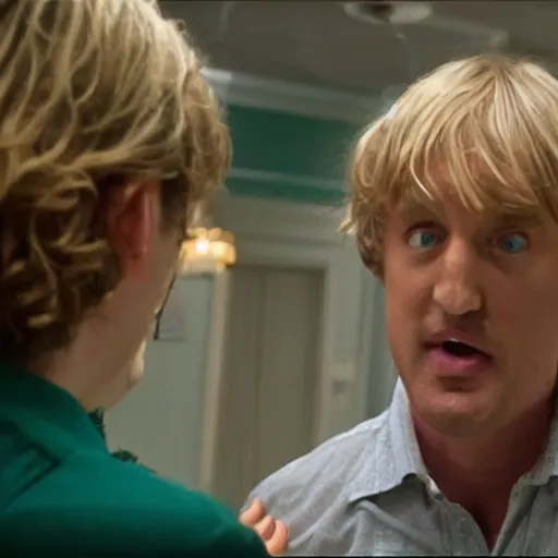 Image similar to still from a romantic comedy where Owen Wilson falls in love with Cthulhu, Elder God and Bringer of Madness. Owen Wilson plays a Starbucks barista down on his luck, while Cthulhu is the Elder God and Bringer of Insanity (tentacles and eyes that tear into your soul and bring unending frothing madness). Directed by Wes Anderson