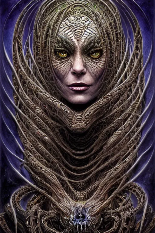 Image similar to single face portrait. complex hyper-maximalist overdetailed cinematic cosmic scifi portrait of an elegant very attractive but wild and dangerous humanoid reptilian goddess by andrei riabovitchev, tomasz alen kopera, oleksandra shchaslyva. Omnious intricate. Secessionist portrait illustration. Poison goddes. Slightly influenced by giger. Zerg human hybrid goddes. Unreal engine 5. Focus on face. Artstation. Deviantart. 8k 4k 64megapixel. Cosmic horror style. Rendered by binx.ly.