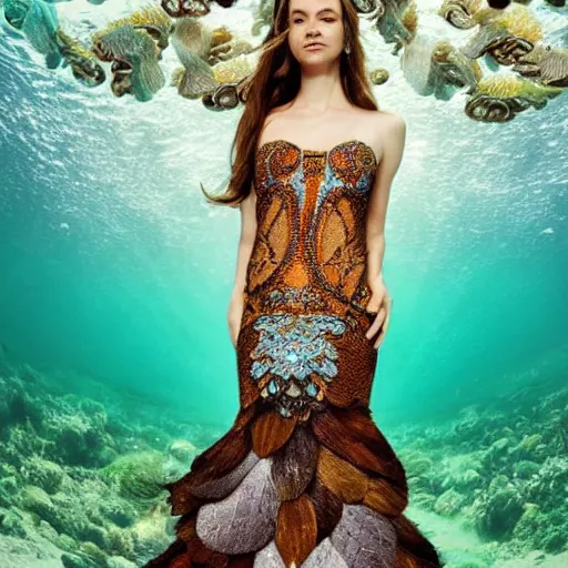 Image similar to mermaid , underwater , a stunning beautiful giorgia-era dress with brown long hair , abundant detail, octopuses and flowers