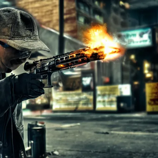 Prompt: a mafia gangster firing ar - 1 5, muzzle flash visible at the end of the barrel, highly detailed, photograph, firepower united, in new york street, cyberpunk