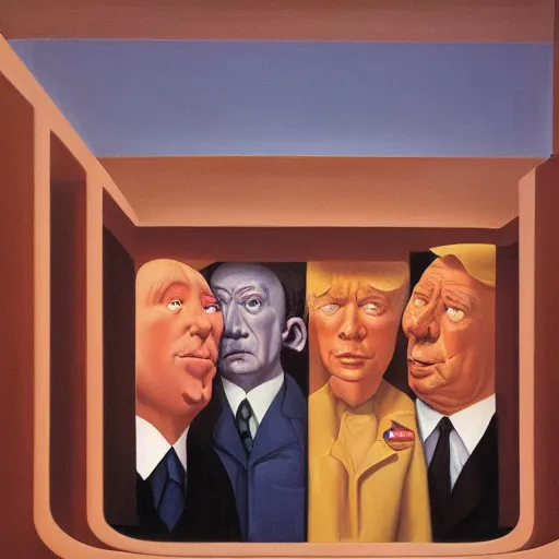 Image similar to oil painting by george tooker of a satirical presidential run