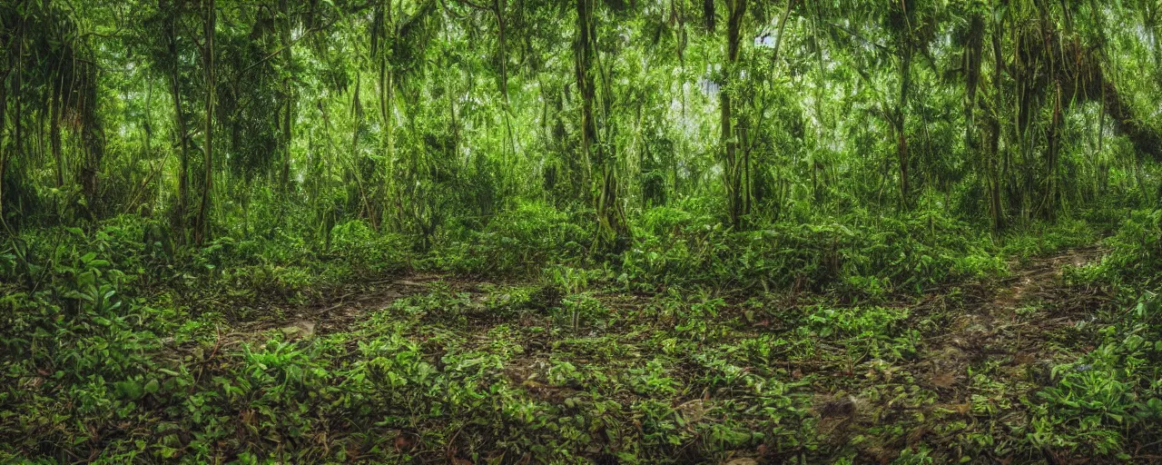 Prompt: photo of a jungle with large trees and vines, mud, puddles, foliage, realistic