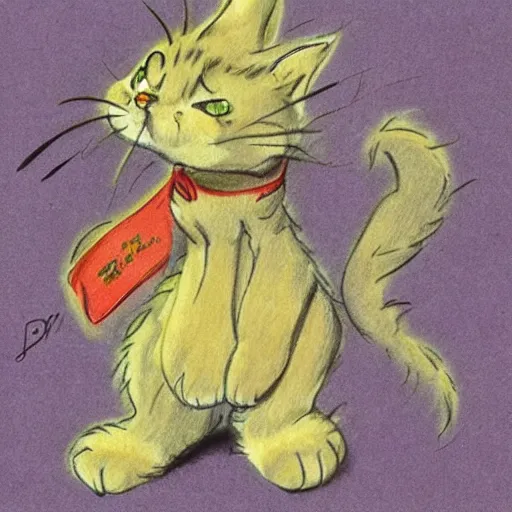 Prompt: person wearing a cat costume, anthropomorphic humanoid cat, extra fluffy Persian tabby cat standing on two feet, drawing by Don Bluth, colored pencil sketch with feathery lines, drawing by Yoshitaka Amano