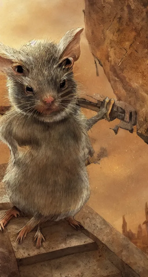 Image similar to close - up selfie shot of dwarf fat - tailed jerboa with rusty broken building constructions of a giant staircase for multiple cases, leading to the sky, the ruins, in the steppe, autumn field, misty background, from the game pathologic 2, highly detailed, sharp focus, matte painting, by isaac levitan and asher brown durand,