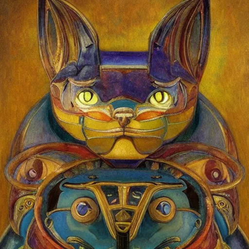 Image similar to masterpiece painting of an ornate bejeweled robot cat head, by annie swynnerton and diego rivera and nicholas roerich and jean delville, symbolist, dramatic lighting, god rays, elaborate geometric ornament, art brut, rich colors, smooth, sharp focus, extremely detailed, adolf wolfli and ( donato giancola )
