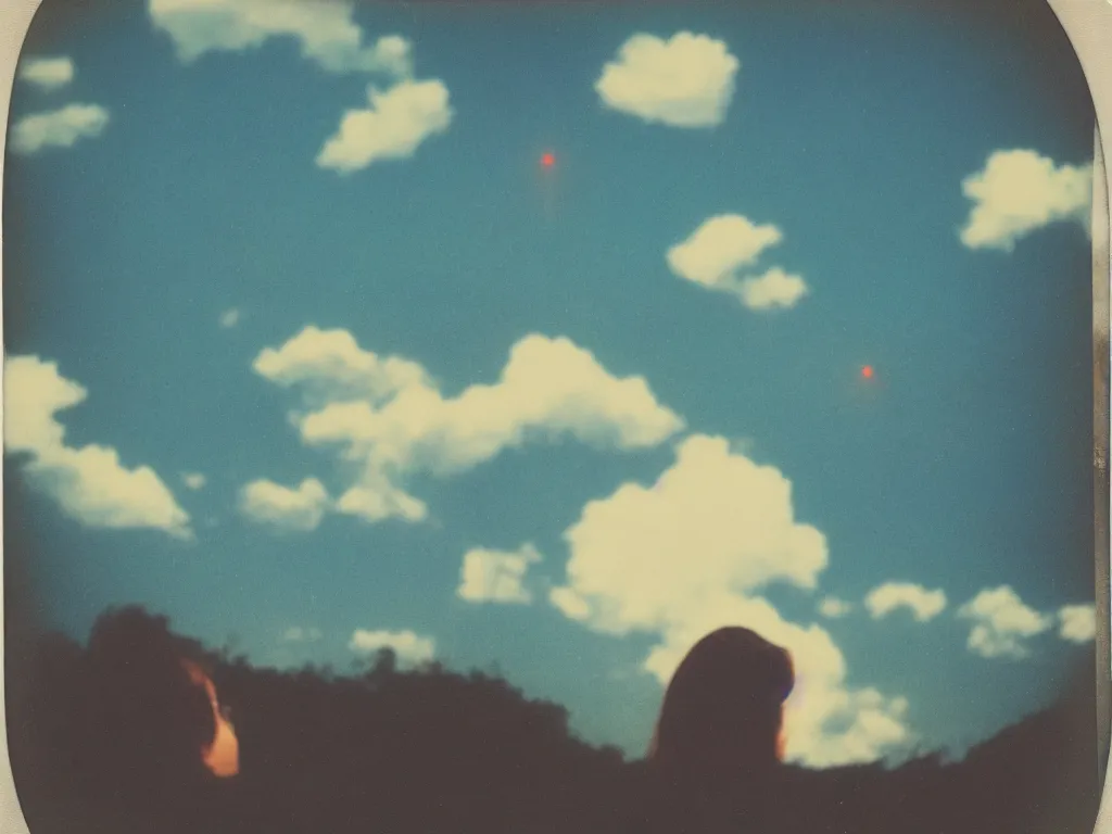 Image similar to vintage polaroid of a beautiful woman spotting a ufo in the sky, seen from behind, detailed clouds, warm azure tones, red color bleed, film grain