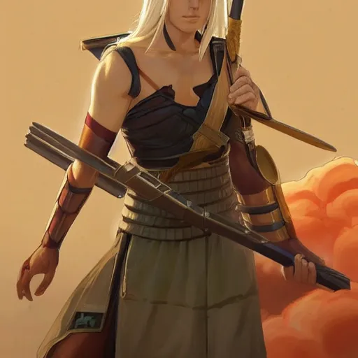 Image similar to character concept portrait of tsunade as an ancient greek soldier, tall, muscular, blonde, modestly clothed, on a battlefield, highly detailed, digital painting, artstation, concept art, symmetry, smooth, sharp focus, illustration, art by artgerm and greg rutkowski and alphonse mucha