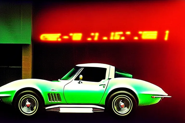 Image similar to stylized poster of a single 1 9 6 8 corvette, thick neon lights, ektachrome photograph, volumetric lighting, f 8 aperture, cinematic eastman 5 3 8 4 film