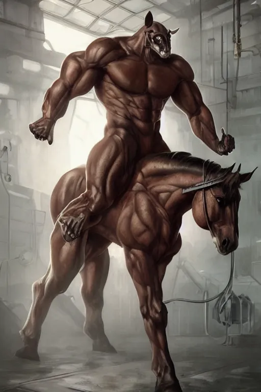 Prompt: splash art of a monstrously buff and muscular anthropomorphic horse at a research facility of experimental combat troopers, experimental tight bodysuit, leather clothes, full body, highly detailed, digital painting, trending on artstation, concept art, sharp smooth focus, illustration, art by artgerm and greg rutkowski and alphonse mucha