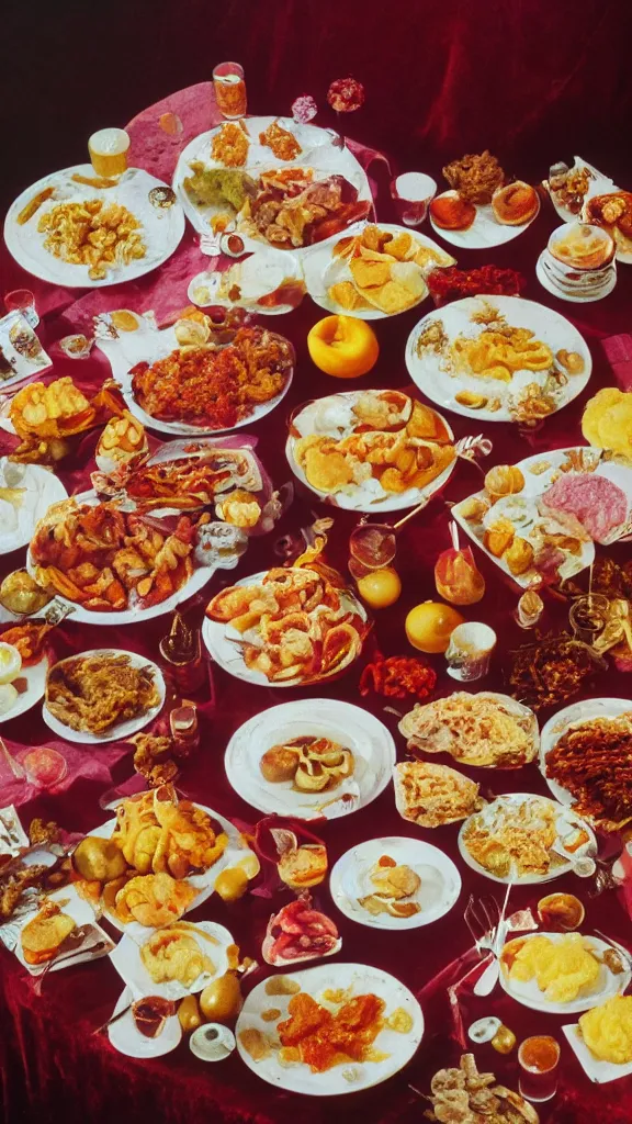 Image similar to 6 0 s food photography of a lavish spread of disgusting and strange party foods, on a velvet table cloth, soft focus