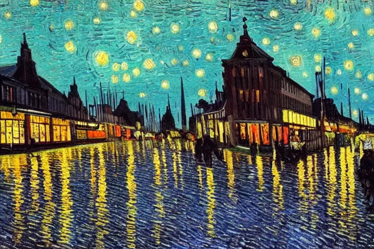 Image similar to oil painting of modern Eindhoven city by night, painted by Vincent van Gogh