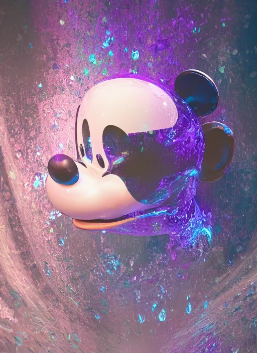 Image similar to mickey mouse head, fractal, broken, wet, mycelium, radiant alien, rococo, baroque, automotive, bio-mechanical, porcelain, iridescent sub surface scattering, octane render