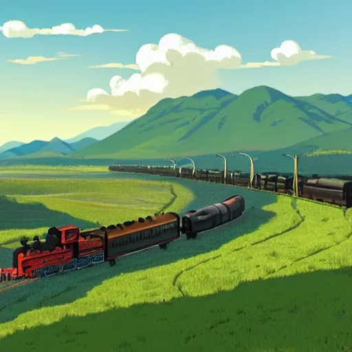 Image similar to miyazaki style, expansive landscape with mountains in the background and wind swept fields in the foreground, a steam powered train is going from left to right on tracks in the middle of the scene, ultra high quality render in 8 k ghibli film type